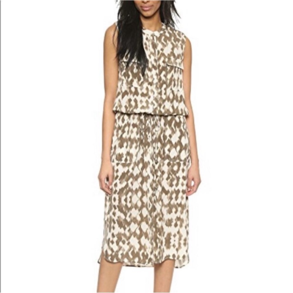 Vince Ikat Print Cargo Silk Midi Dress Ivory and Tan Women's Size small